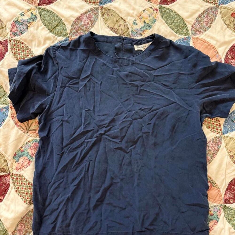 Vintage 100% Silk Stephanie Andrews Navy Blue Blouse, Size Medium